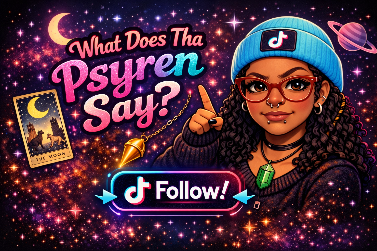 Colorful cartoon illustration featuring a young woman with glasses, piercings, and curly hair wearing a blue beanie with a TikTok logo, surrounded by stars and space elements, with text asking 'What Does Tha Psyren Say?' and a 'Follow!' button, including a tarot card of the moon and a floating planet.