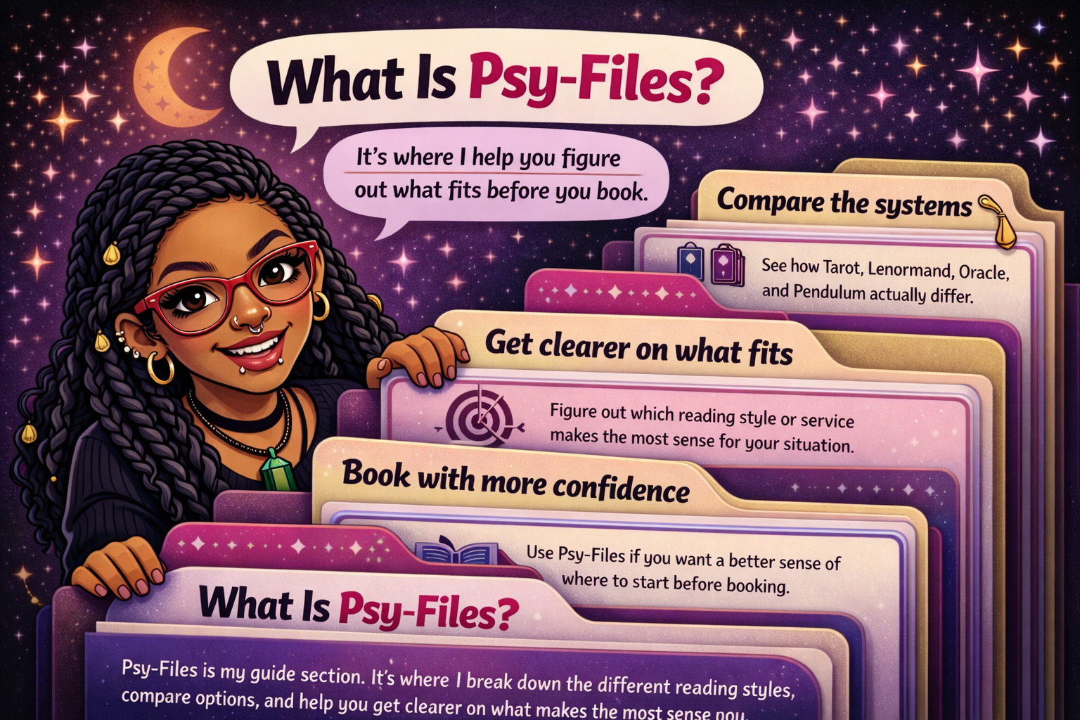 A colorful illustration of a young woman with dark curly hair, red glasses, and multiple earrings, holding and pointing to a series of overlapping cards. The background features a starry night sky with a crescent moon. The cards contain text explaining Psy-Files, a guide on reading styles, and tips for better booking confidence.