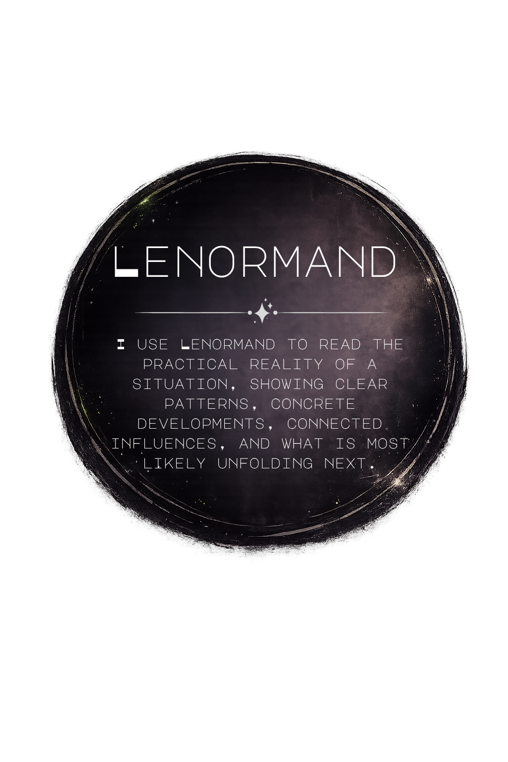 A circular graphic with the word 'LENORMAND' at the top, decorative elements, and a description of how to use Lenormand cards for reading practical realities, patterns, and future trends.