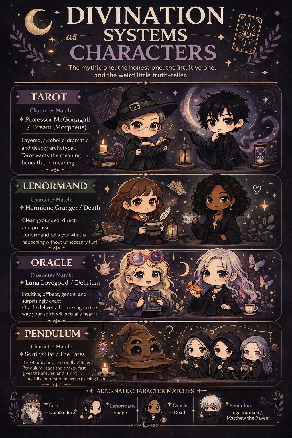A illustrated chart comparing divination systems as characters, including Tarot, Lenormand, Oracle, Pendulum, and alternative matches like Dumbledore, Snape, Death, and Raven. Each character is depicted with themed accessories and background elements related to their respective systems.