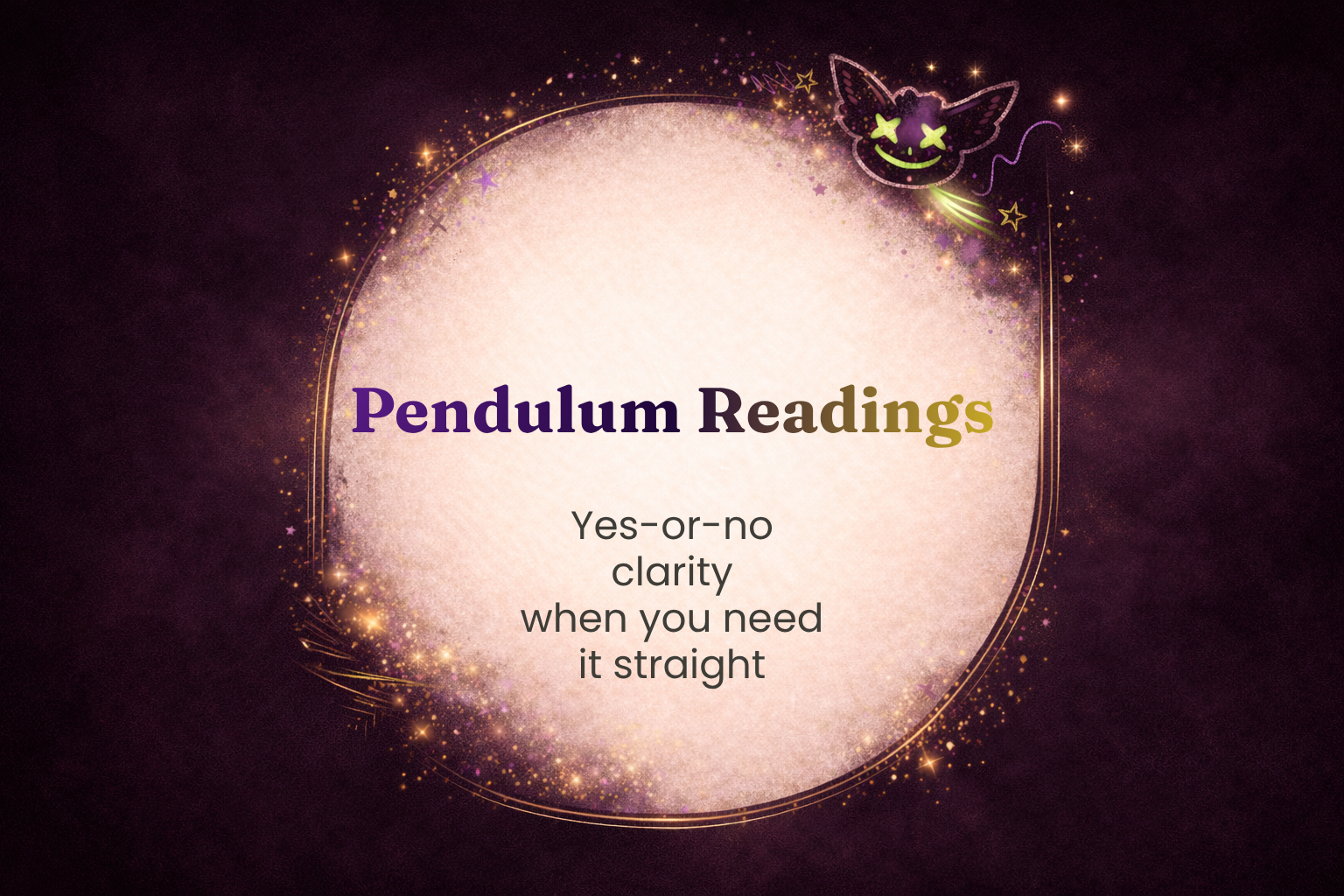 A promotional graphic for Pendulum Readings featuring a cosmic, starry background with glittery effects, a glowing circular area, and a neon-style cat face with X's for eyes and a wide smile in the top right corner.