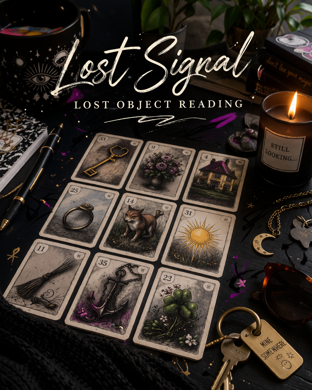 Tarot card reading setup with oracle cards, candles, and mystical accessories on a dark surface. The image includes a black cup, a pen, sunglasses, and a keychain with the words 'MINE SOMEWHERE'.