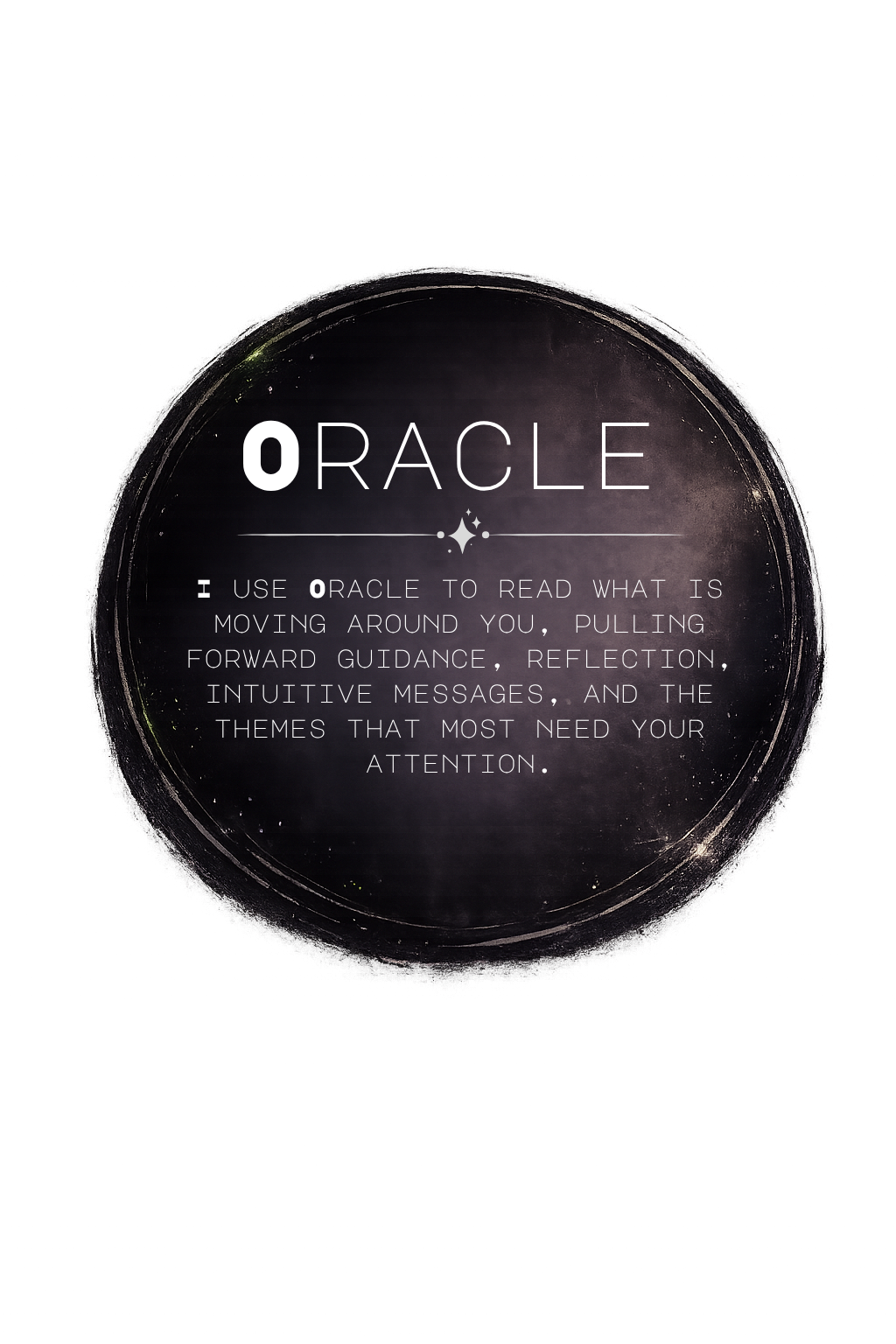 A circular infographic with a dark background and white text explaining how to use Oracle for guidance, reflection, and intuitive messages.