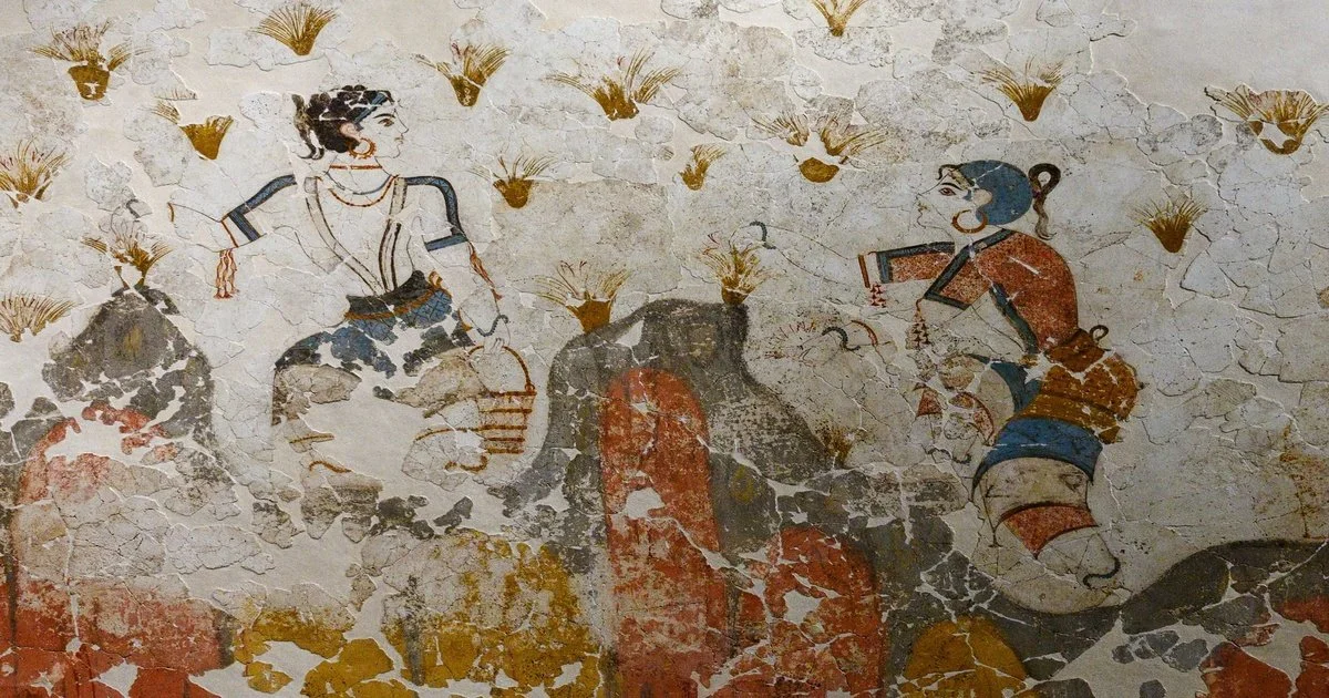 The Saffron Gatherers fresco from Akrotiri, Santorini, depicting Bronze Age women harvesting saffron crocus flowers around 1600 BC Wikimedia Commons