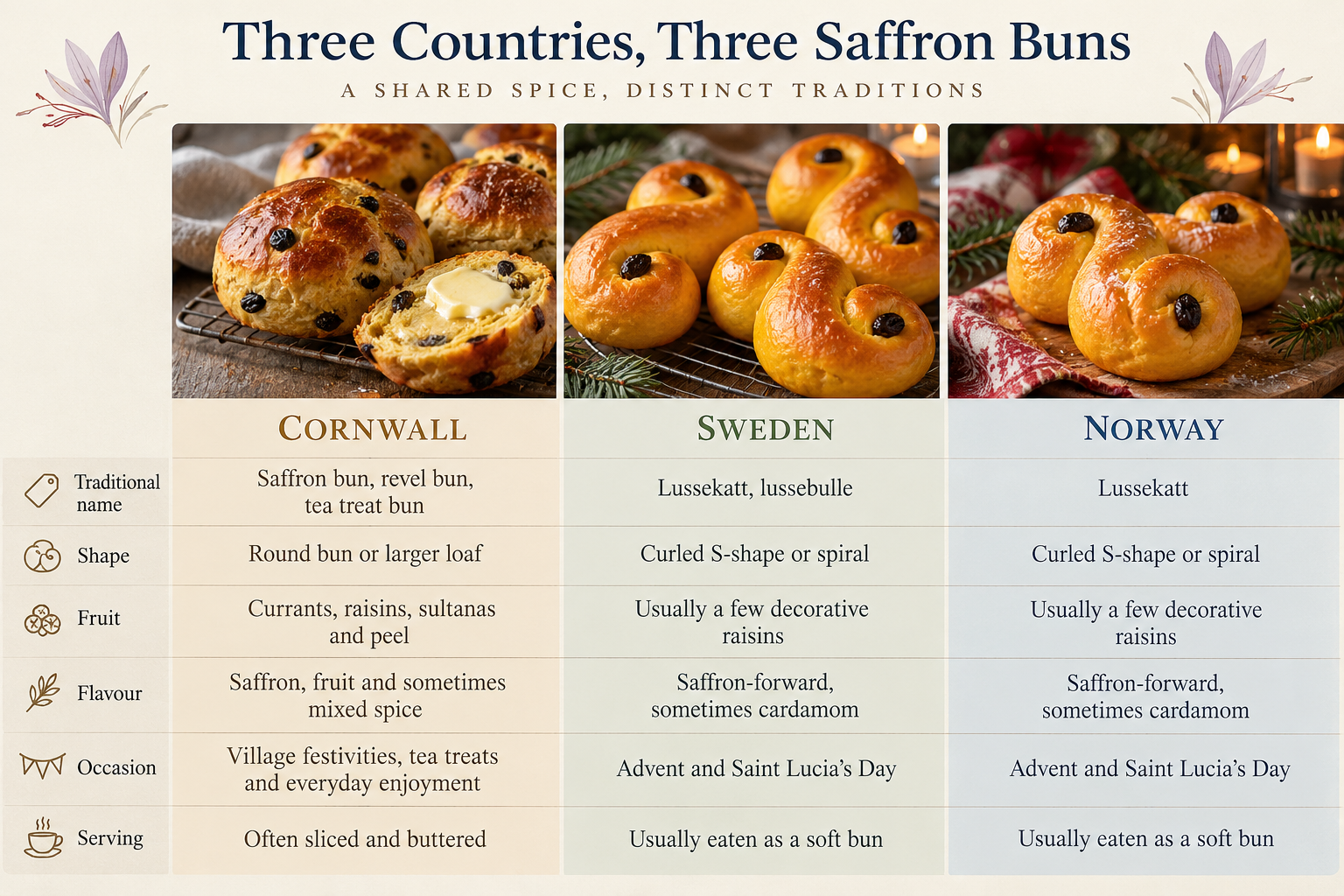 Comparison of traditional Cornish saffron buns, Swedish lussekatter and Norwegian saffron buns, showing their ingredients, shapes and cultural traditions.