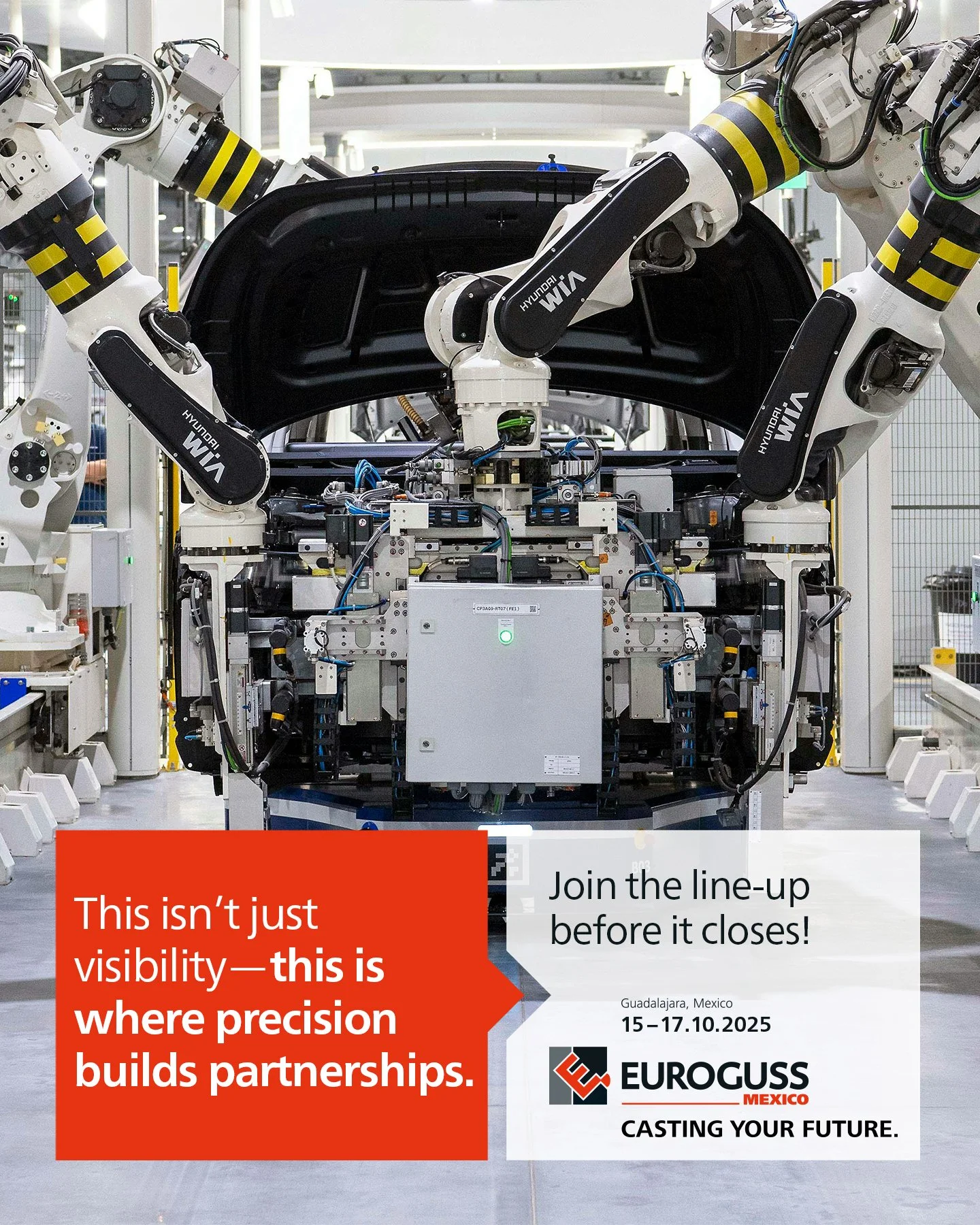 Automated die-casting production line with multiple robotic arms working in synchrony on a vehicle body component jinside a contemporary factory. Promotional overlay reads: “This isn’t just visibility—this is where precision builds partnerships.”