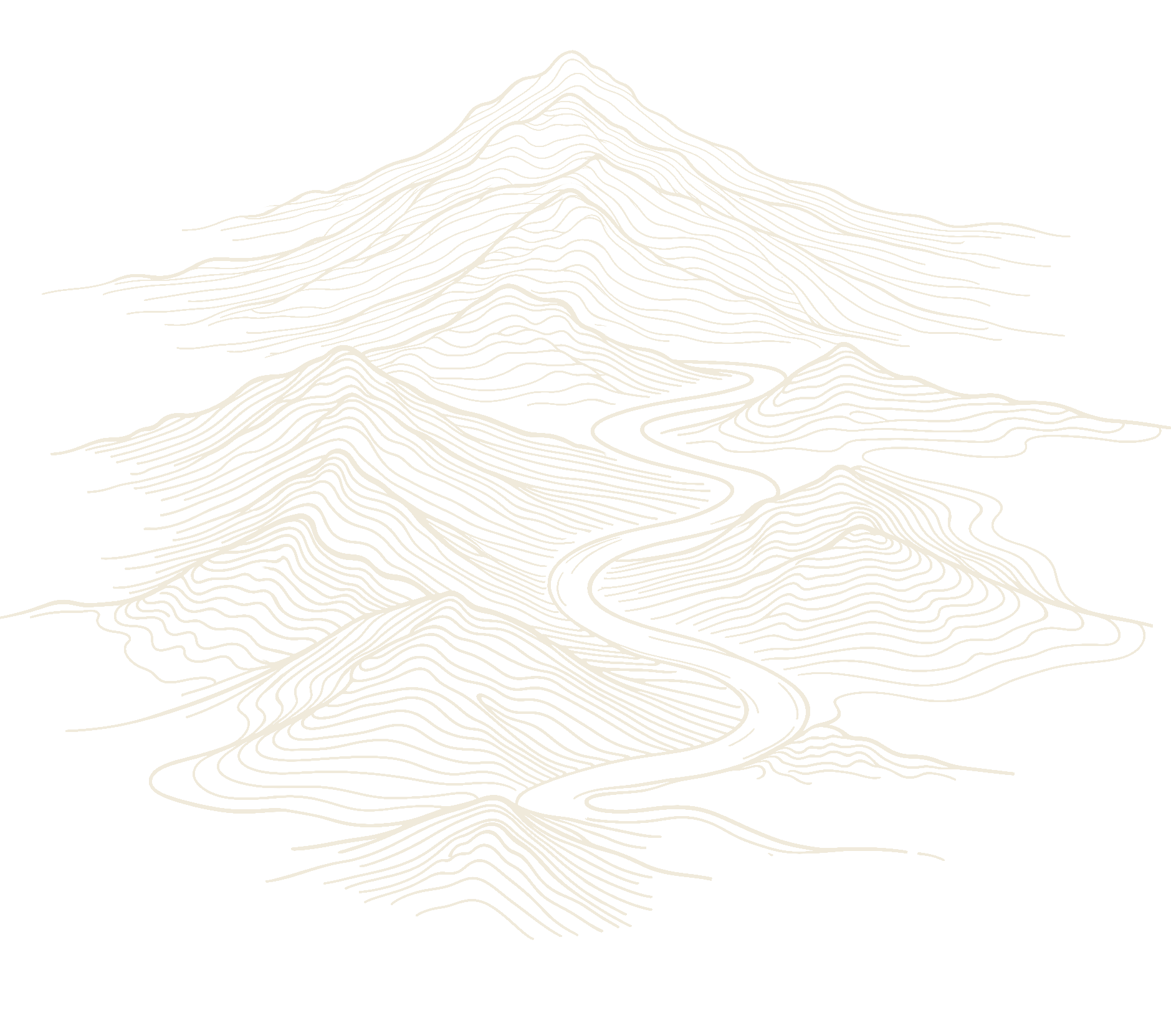 Line art illustration of a mountain landscape with a winding river, set against a black background.