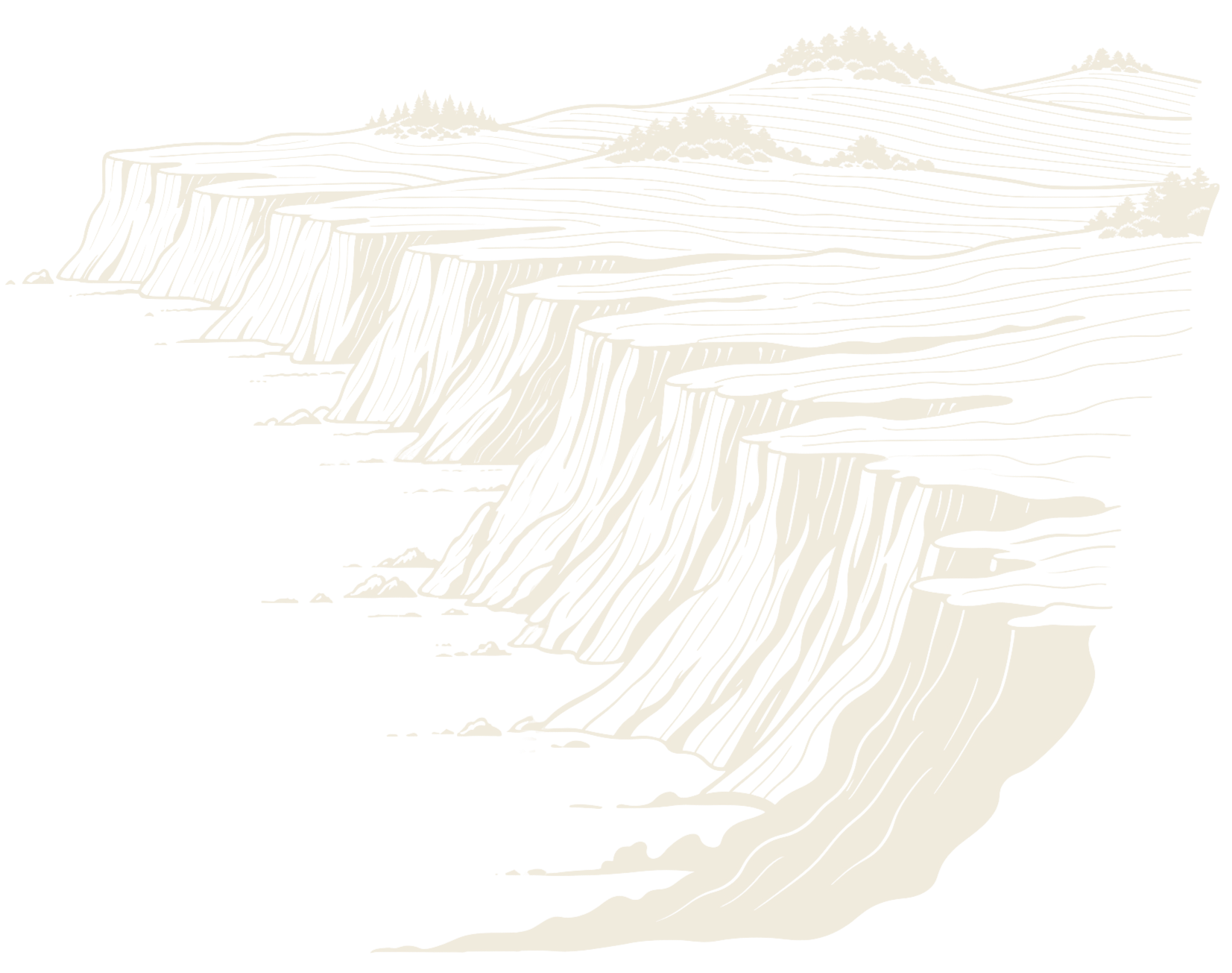 Black and white illustration of tall, steep cliffs with sparse vegetation on top, beside water.