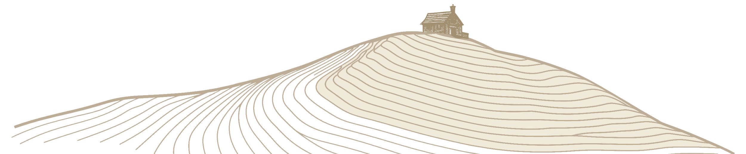 A simple line drawing of a hill with a small house at the top, depicted in beige lines on a white background.