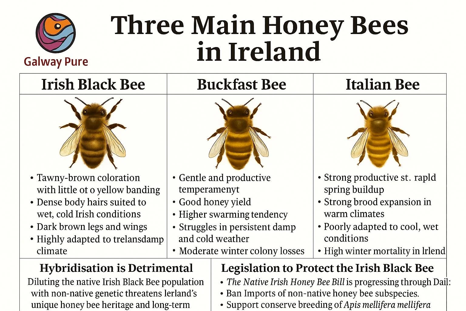 Information about three main honey bee species in Ireland: Irish Black Bee, Buckfast Bee, and Italian Bee, with descriptions and characteristics for each.