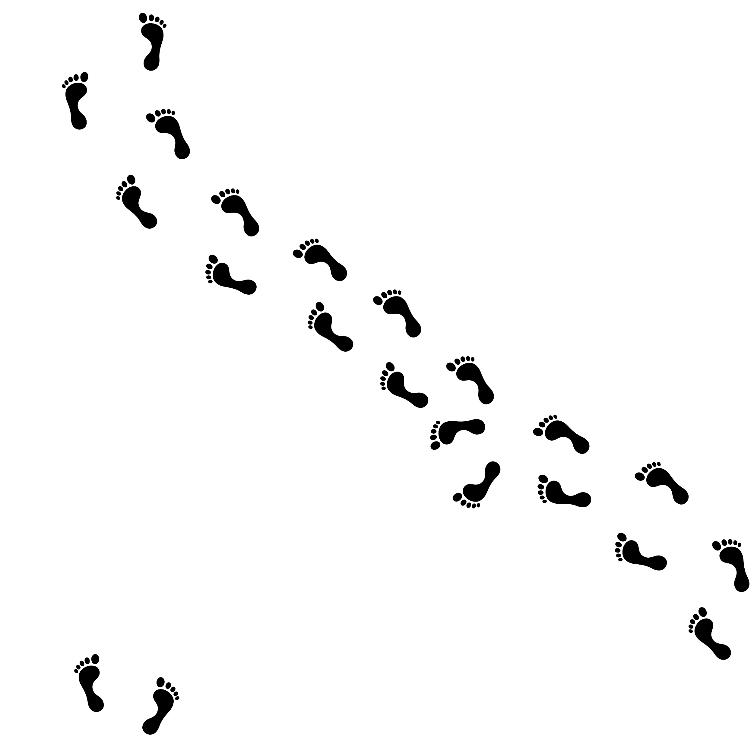 Black footprints arranged in a diagonal pattern on a white background.