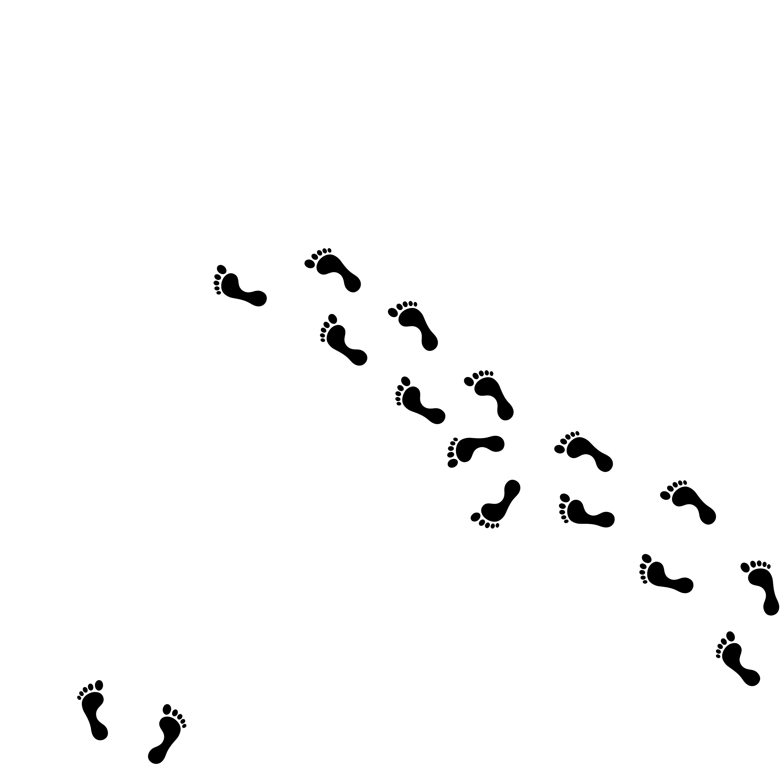 A trail of black footprint icons on a white background.