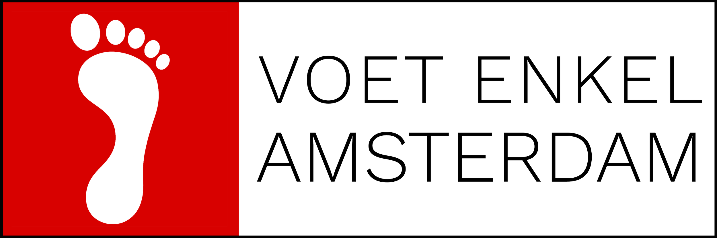 Logo with a red square on the left containing a white footprint and black text on the right that reads, 'VOET ENKEL AMSTERDAM'.