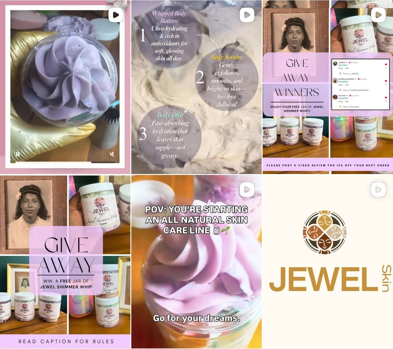A collage of images showcasing a skincare giveaway, including jars of Jewel Skin products, a framed photo of a woman, a hand holding one of the jars, and various promotional messages about the giveaway and skin care tips.