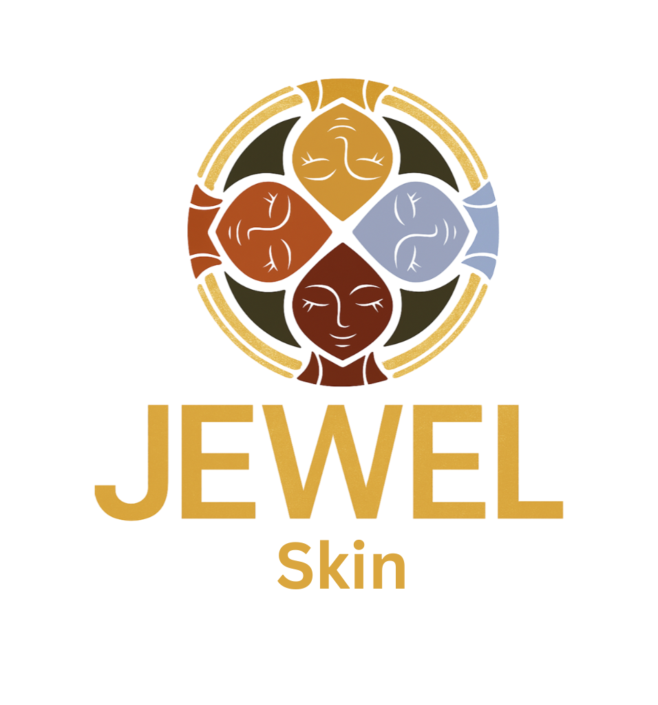 A circular graphic featuring five stylized faces with different skin tones and closed eyes, arranged around a central face. The faces are placed in colored sections: yellow, blue, red, brown, and black. Below the graphic, the word "JEWEL" is written in large yellow letters.