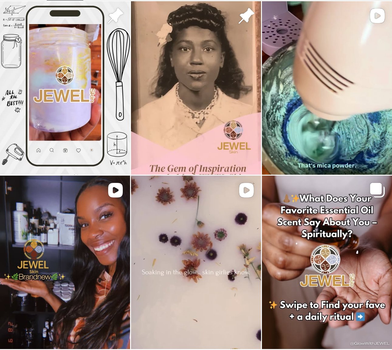 Collage of six images: a jar with a sign labeled 'Jewel Skin,' an old black-and-white photograph of a woman with jewelry, a close-up of a mixer with green powder and the caption 'That's mica powder,' a smiling woman in a beauty studio, dried flowers on a surface with the caption 'Soaking in the glow, skin girlies know,' and a close-up of hands with a caption about essential oils and daily rituals.