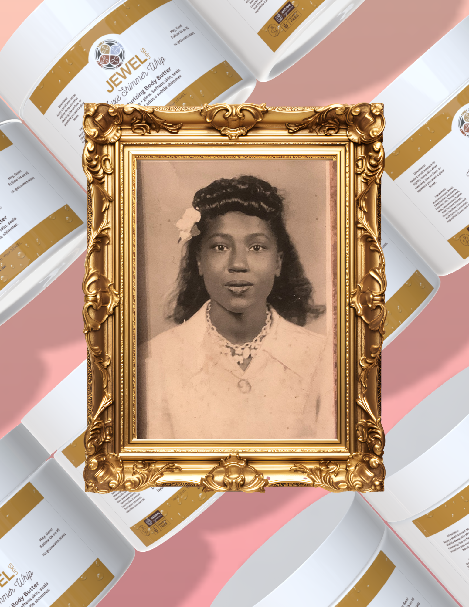 Vintage black and white portrait of a woman with styled hair, wearing a necklace and a collared top, in an ornate gold frame, placed on top of skincare products with gold and white labels.