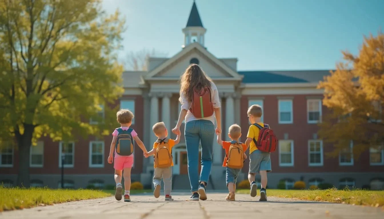 A woman and four children holding hands walk toward a school building on a sunny day, surrounded by trees with autumn foliage.