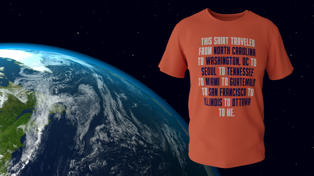 A red T-shirt with text listing various cities and states, floating in space with Earth visible in the background.