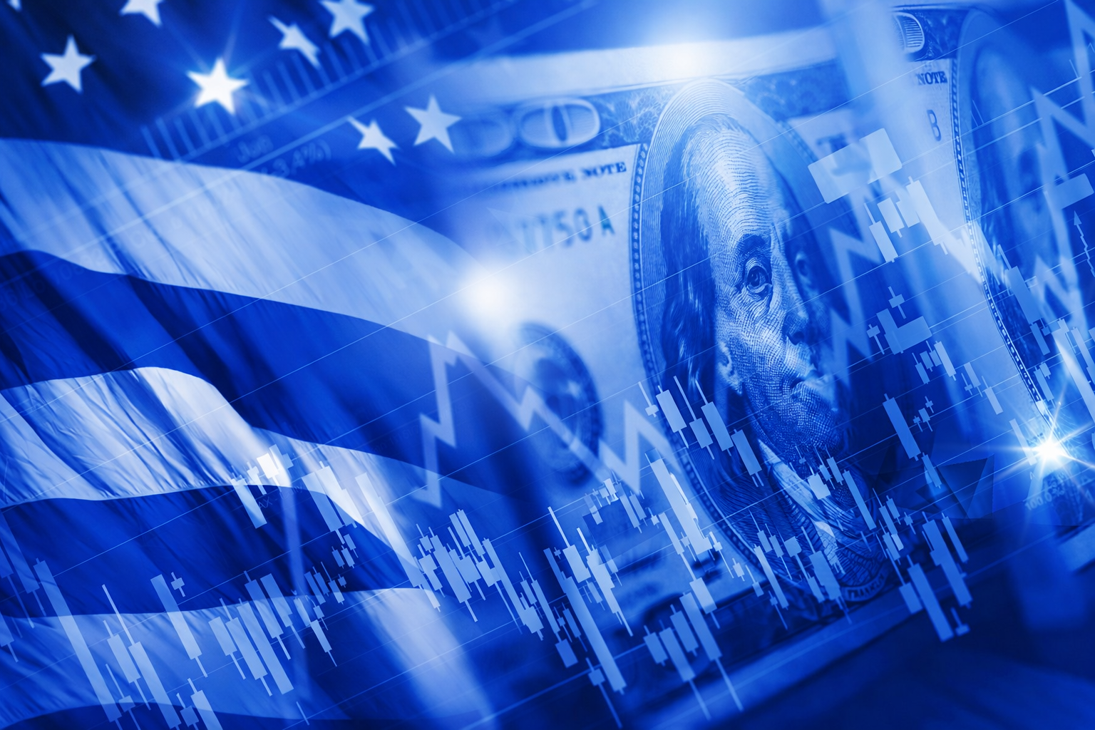 A close-up of a U.S. hundred-dollar bill superimposed with stock market graph lines and the American flag, representing financial markets and patriotism.