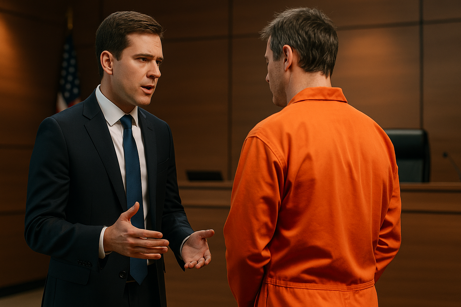 A lawyer in a dark suit and tie arguing with a man in an orange prison jumpsuit in a courtroom.