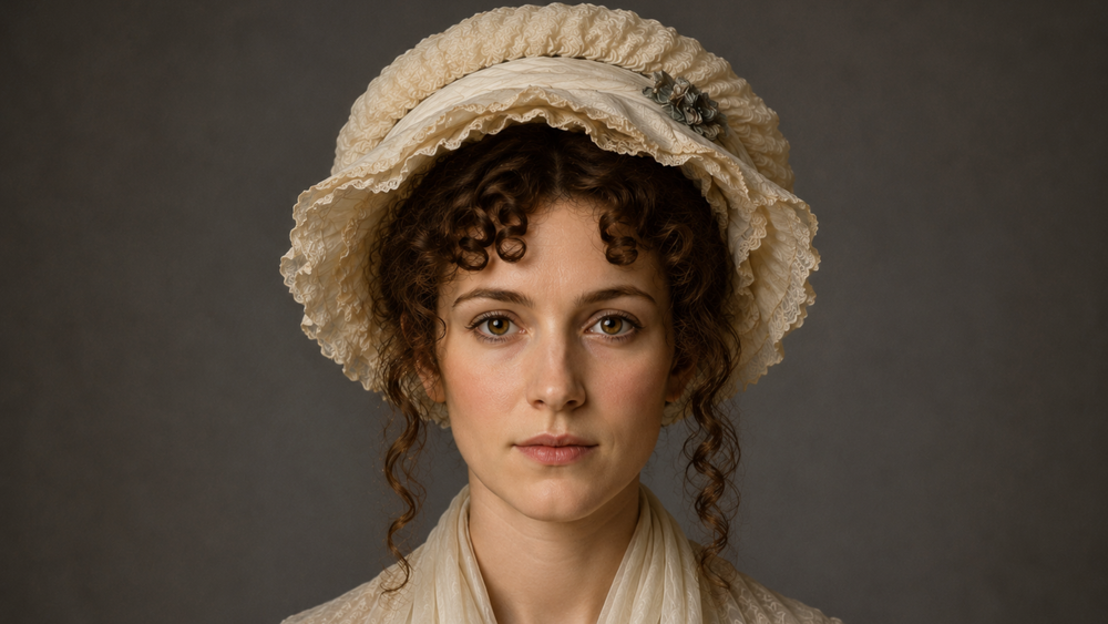 Live AI avatar of Mary Wollstonecraft in a lace bonnet and muslin dress