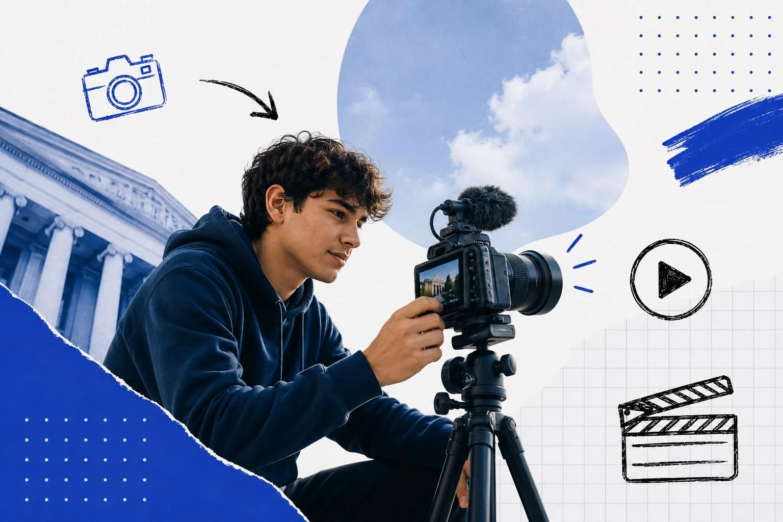 Young man in a dark hoodie operating a camera on tripod with a sky and clouds visible on the camera's screen. Artistic doodles of a camera, play button, clapperboard, and a building in the background.