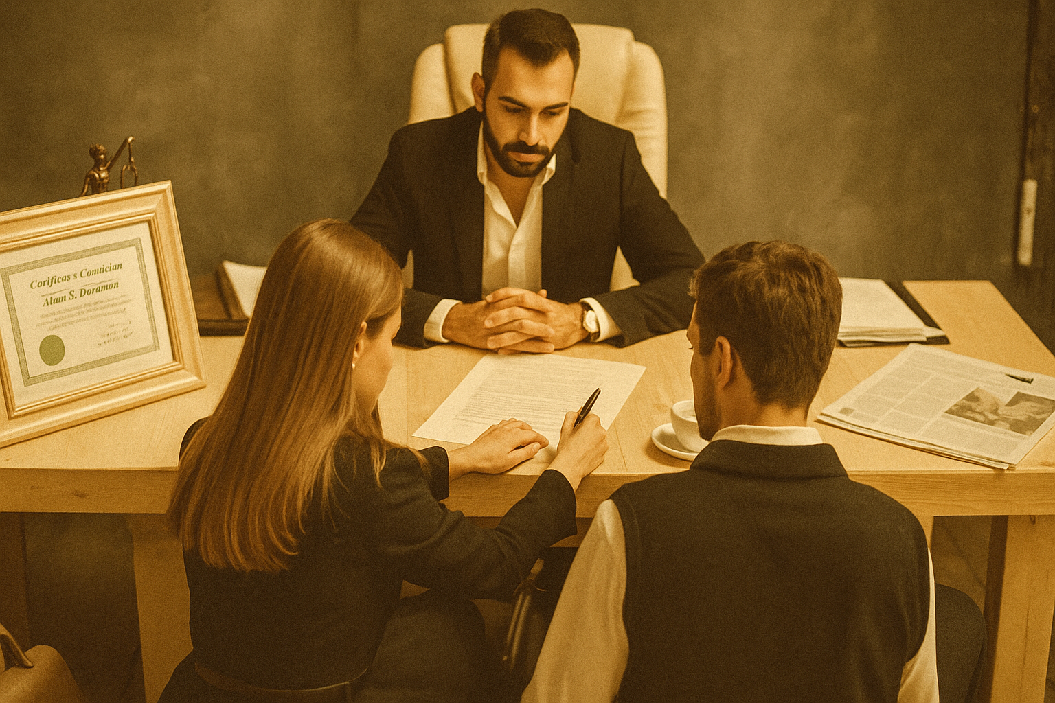 An attorney or professional conducting an interview or meeting with a man and a woman seated at a table in an office setting, with documents, a framed certificate, and a cappuccino.