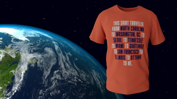 Orange T-shirt with travel text about various US states and cities, placed against a background of Earth from space.