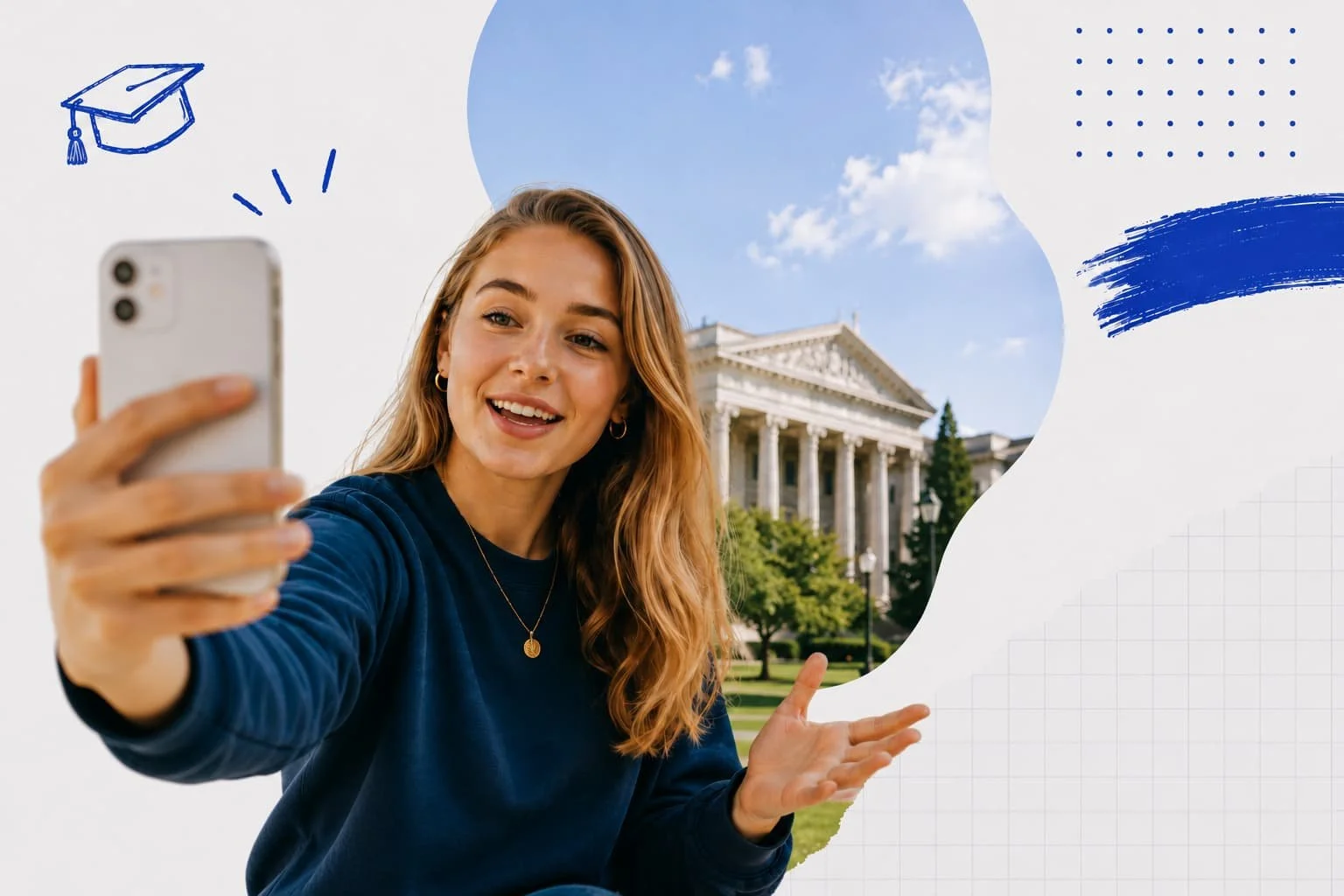 A young woman taking a selfie outdoors in front of a neoclassical building with columns, under a blue sky with clouds.