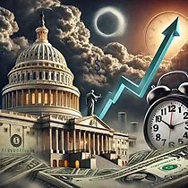 A collage featuring the US Capitol building with a lunar eclipse, dark clouds, an upward arrow, a person climbing stairs, a clock, and dollar bills, symbolizing finance, political power, and progress.