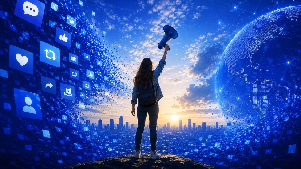 Woman stands on a rock with a backpack, holding a megaphone, facing a digital world with city skyline and floating social media icons at sunset.