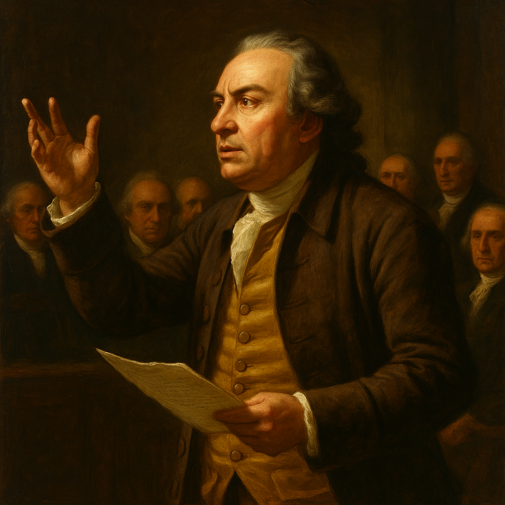 Painting of a historical man with gray hair, dressed in 18th-century attire, holding a document in his left hand and gesturing with his right hand, surrounded by several other men in the background.