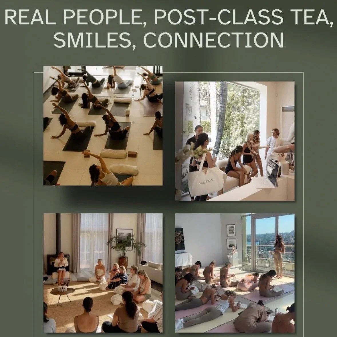 Collage of four photos showing people in a relaxed setting, engaging in activities like yoga, socializing, and gentle stretching in well-lit indoor spaces with natural light.