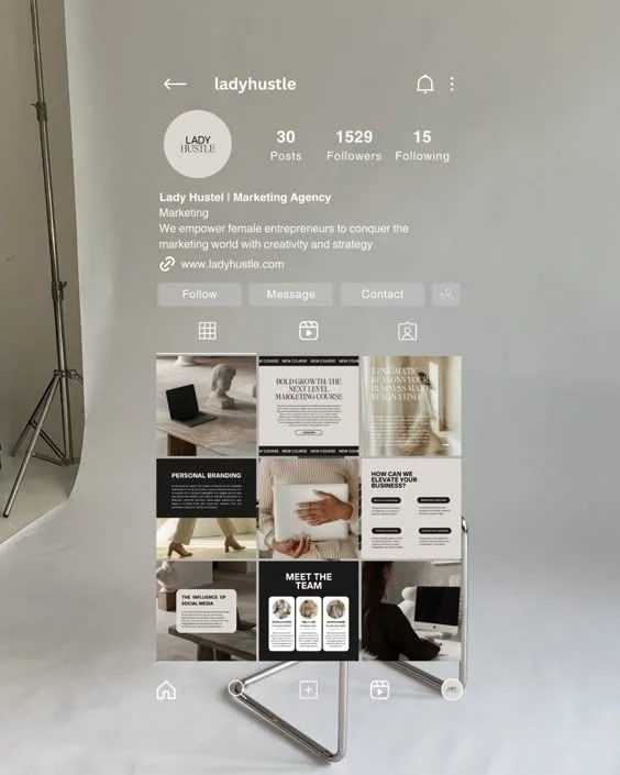 Instagram profile page for Lady Hustle marketing agency, showing 30 posts, 1,529 followers, and 15 following, with a grid of marketing-related images and information.