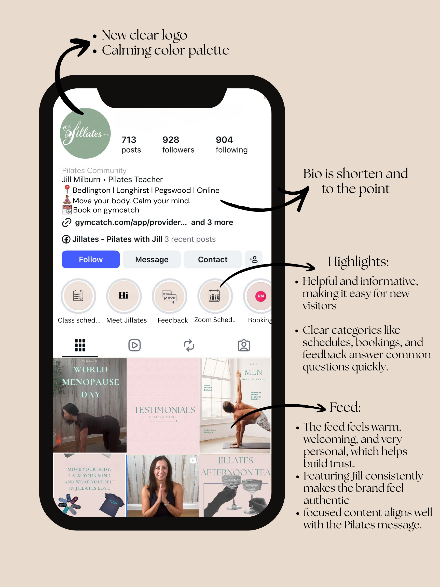 An infographic of a social media profile for Jillates, Pilates with Jill. It features a new clear logo, calming color palette, and a shortened bio that highlights Pilates services and online classes. Highlights section includes links to class schedul