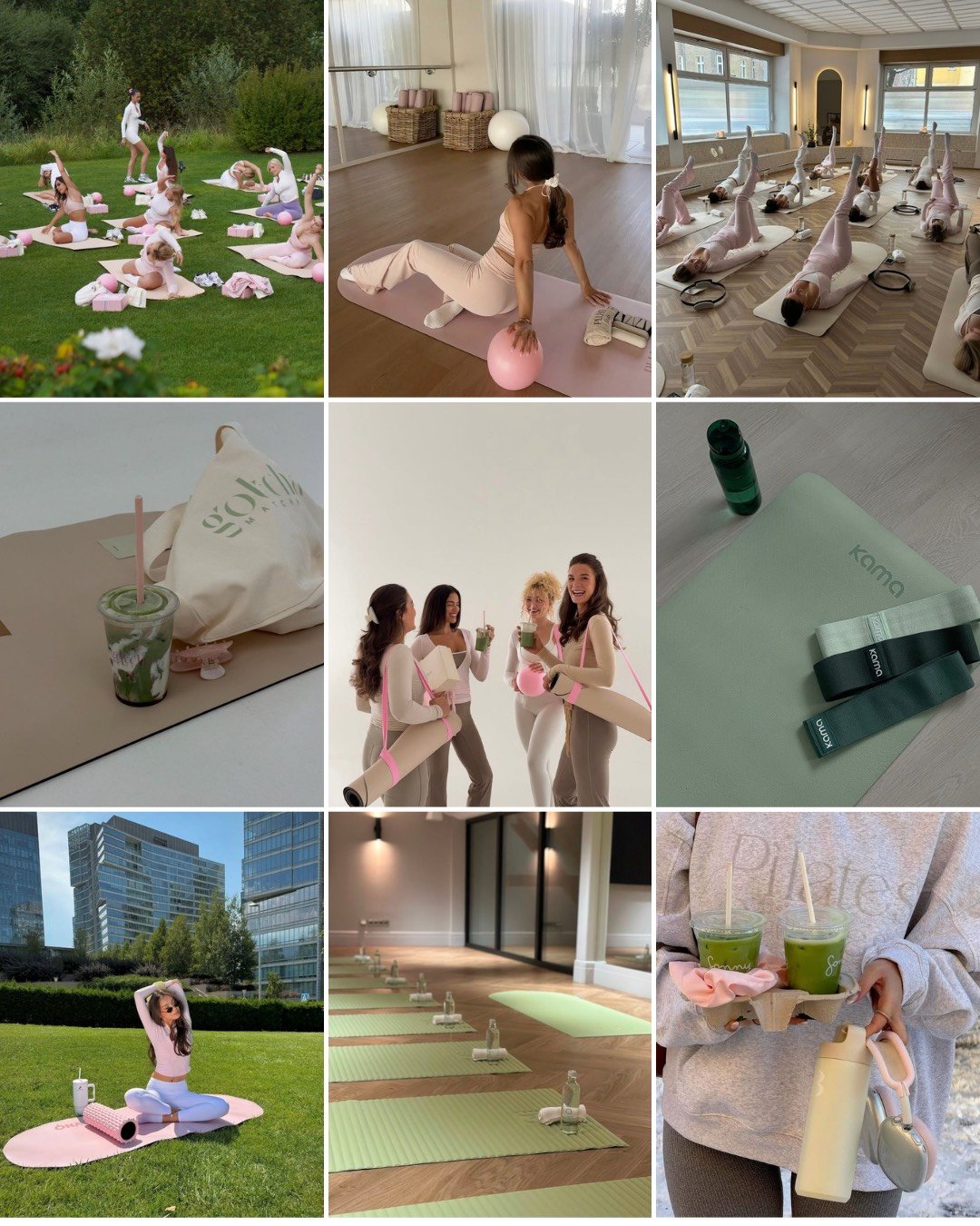 Images of women practicing yoga indoors and outdoors, and group photos at a fitness or wellness event, with yoga mats, props, and drinks.