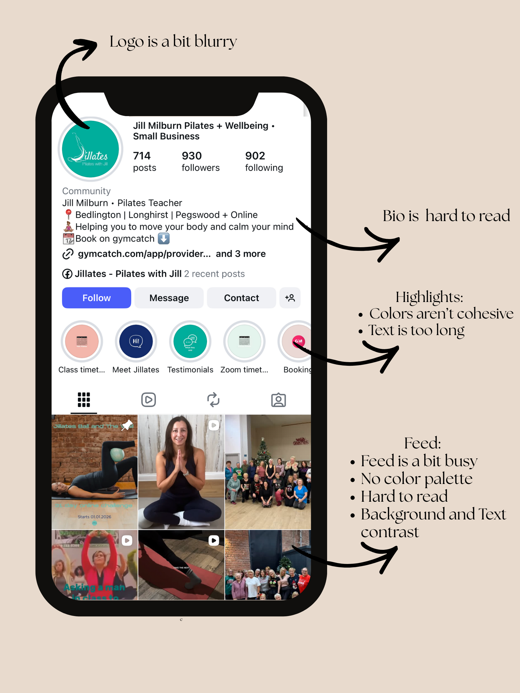 Analysis of a social media profile screenshot on a smartphone with annotations highlighting blurry logo, hard-to-read bio, mismatched colors and long text, busy feed with no color palette, and background and text contrast issues.
