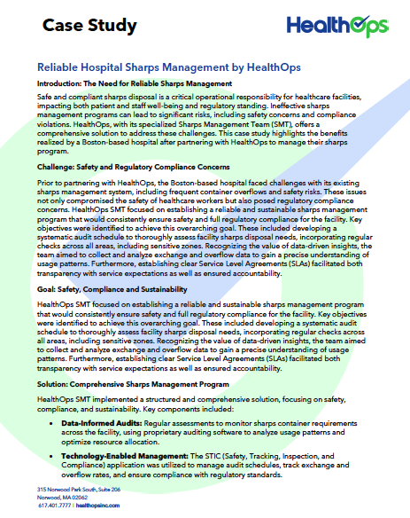 HealthOps case study document on hospital sharps management, highlighting safety, compliance, and sustainability efforts.