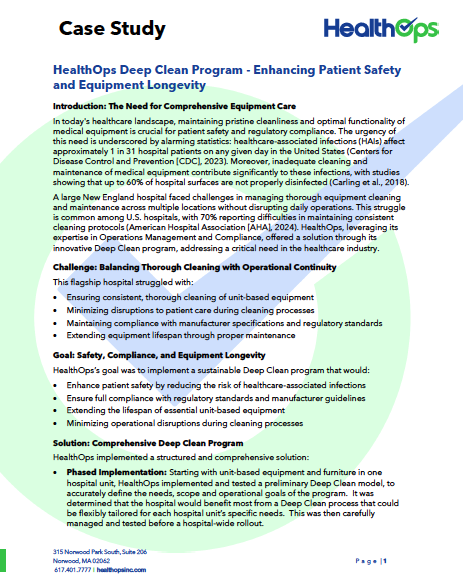 Document titled 'Case Study' about a HealthOps Deep Clean Program focusing on patient safety and equipment longevity, including sections on introduction, challenges, goal, and solution.