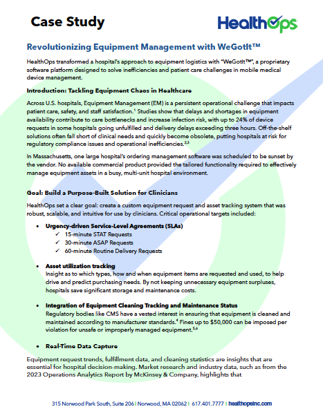 Case study titled 'Revolutionizing Equipment Management with WeGottTM' by HealthOps, discussing equipment management, hospital challenges, and a custom asset tracking system.