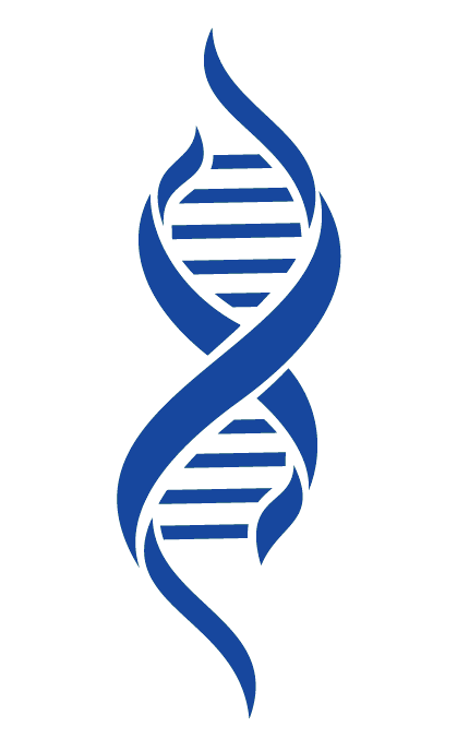A blue DNA double helix symbol with stylized strands twisting around each other.