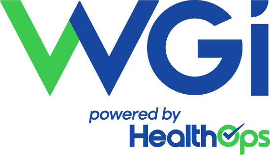 Logo of WGI powered by Health Ops, featuring the letters WGI with a green checkmark integrated and the word 'powered by' above 'Health Ops'.