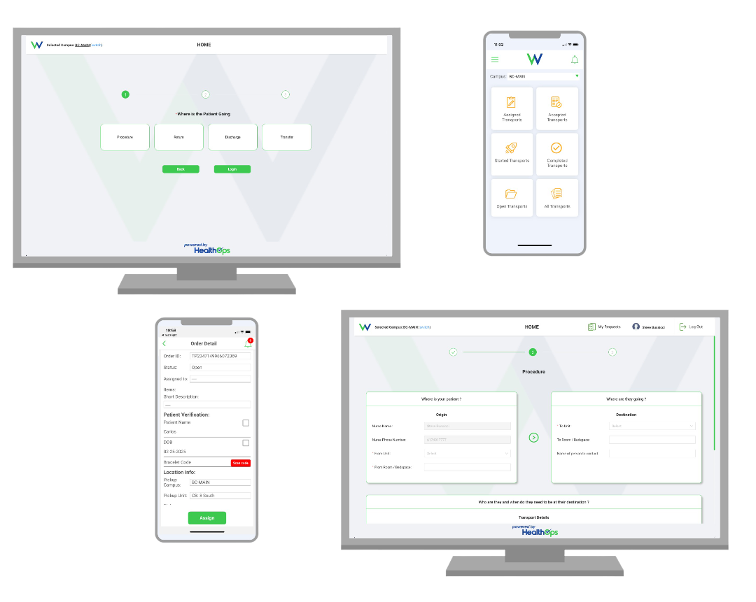 Screenshots of a healthcare logistics software on a desktop monitor and mobile devices, showing dashboards, order details, and transport procedures.