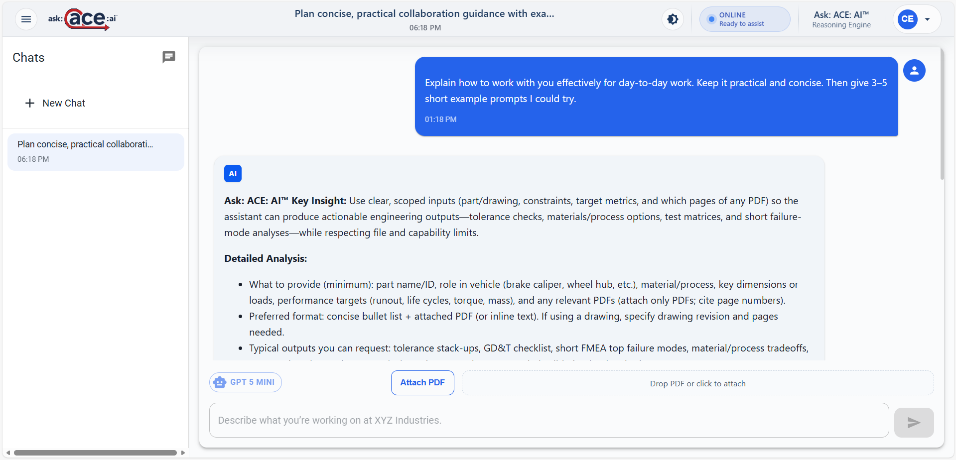 Ask: ACE: AI™ chat interface screenshot showing role-aware AI assistant answering a professional prompt