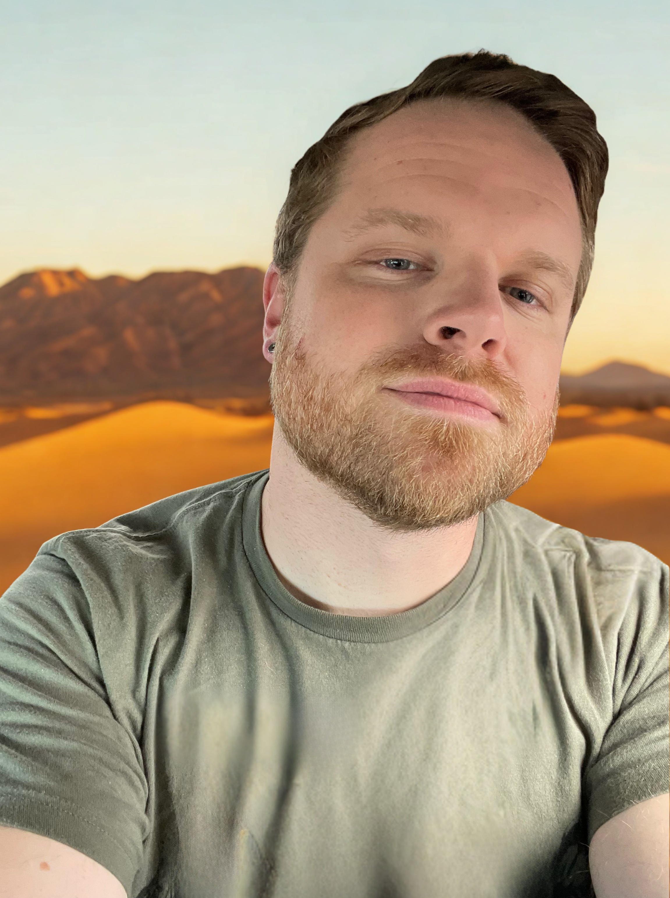 Close-up of a man with light brown hair, beard, and wearing a gray T-shirt, sitting indoors. The background shows blurred mountains at sunset.