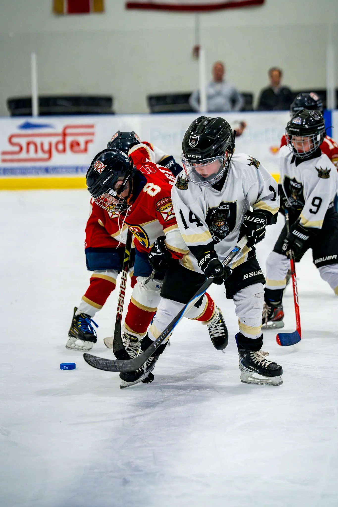 Hockey players from two teams competing for puck on ice rink, wearing helmets and gear, with spectators watching in background.