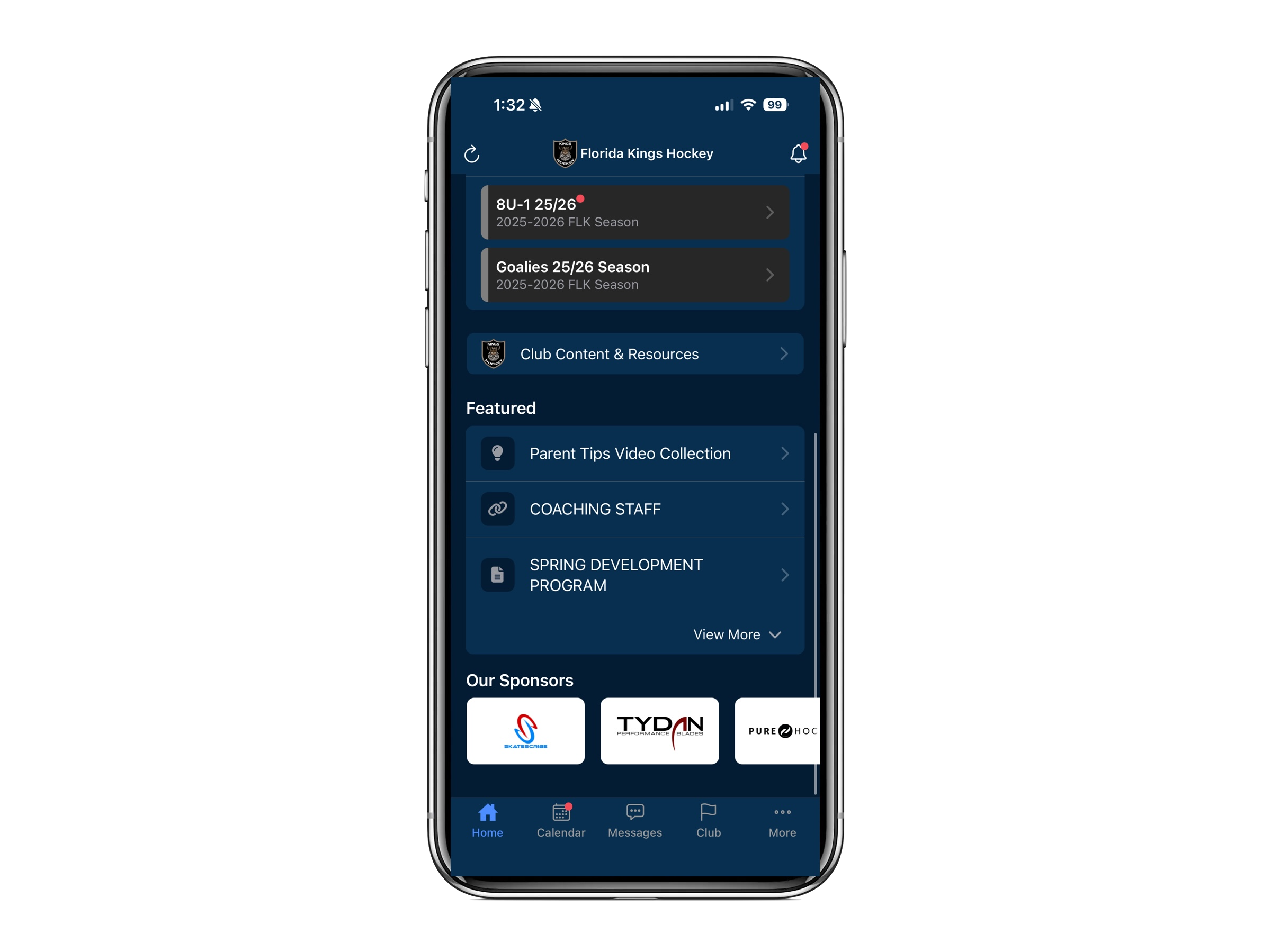 Screenshot of a mobile app interface for Florida Kings Hockey, showing team information, featured resources, and sponsors at the bottom.