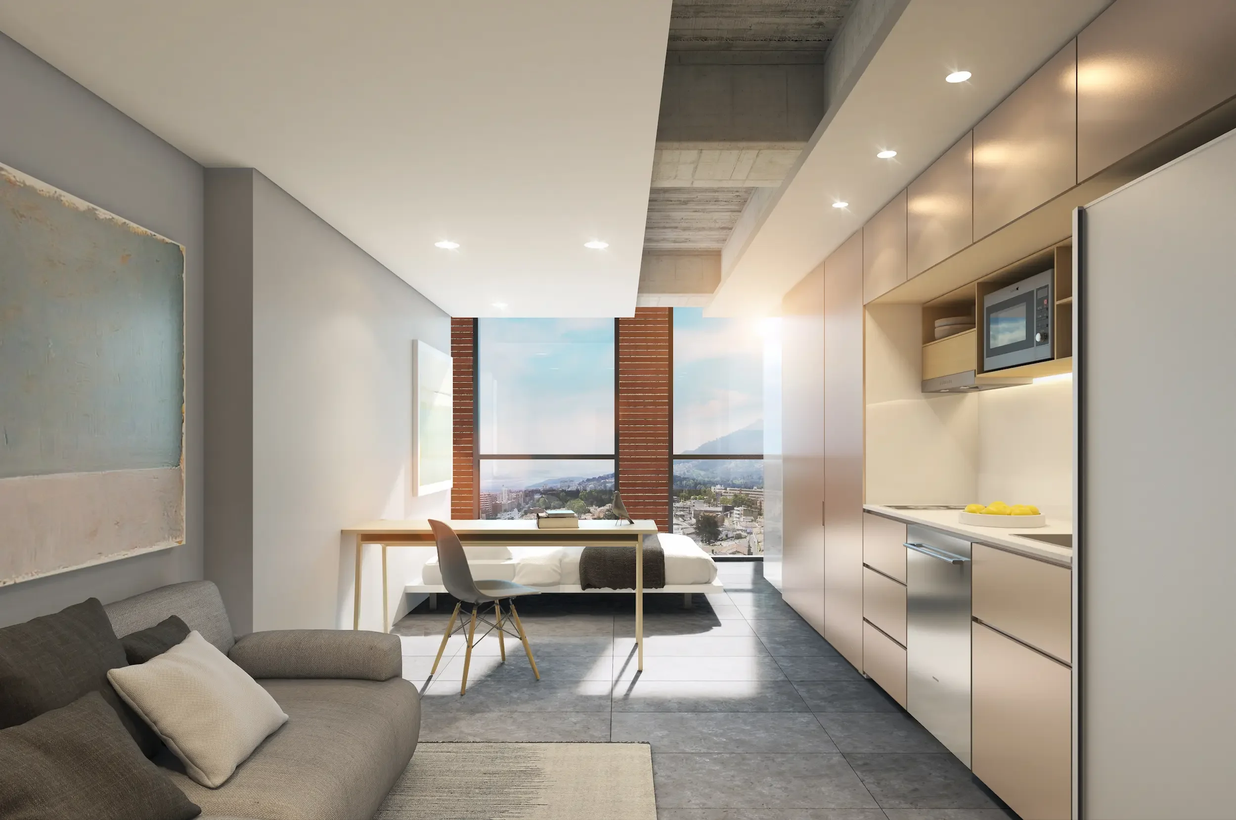 Arbos micro-apartment living space in Bogotá — compact residential interior design by Matita