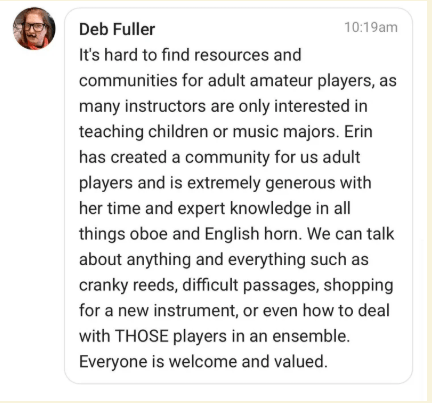 Screenshot of a text message from Deb Fuller discussing resources and communities for adult amateur players, especially in oboe and English horn, created by Erin.